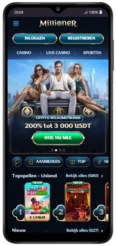 Startpagina van de Millioner Casino mobiele app met een banner voor de crypto welkomstbonus van 200% tot 3 000 USDT en de knop 'Doe nu mee'