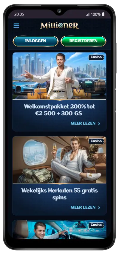 Promotiepagina van Millioner Casino met twee aanbiedingen: welkomstpakket 200% tot €2 500 + 300 gratis spins en wekelijks herladen met 55 gratis spins