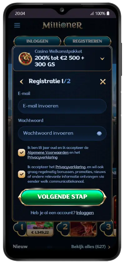 Registratieformulier van Millioner Casino (stap 1 van 2) met velden voor e-mail en wachtwoord, acceptatie van de voorwaarden en een welkomstpakket van 200% tot €2 500 + 300 gratis spins