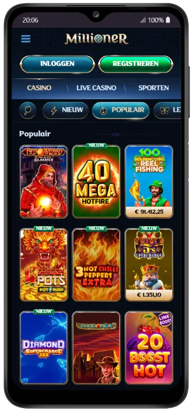 Mobiel scherm van Millioner Casino met populaire slots: 40 Mega Hotfire, Golden Coins Reel Fishing, Dragon Pots, 3 Hot Chilli Peppers Extra, Triple 5s Supercharged, Diamond Supercharge en 20 Boost Hot